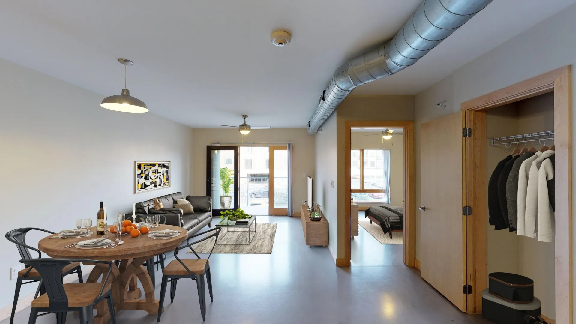 Bright open-concept apartment living space